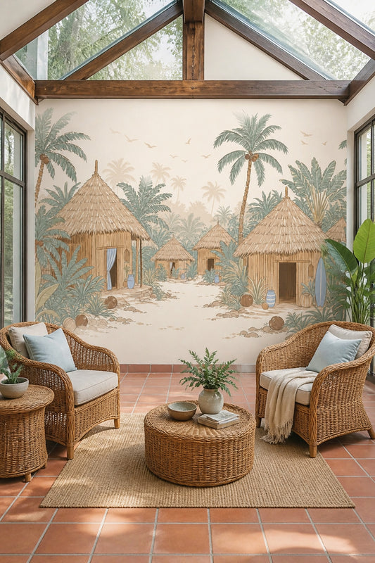 Tropical Village Wallpaper Thatched Huts Removable Palm Trees Wall Decor
