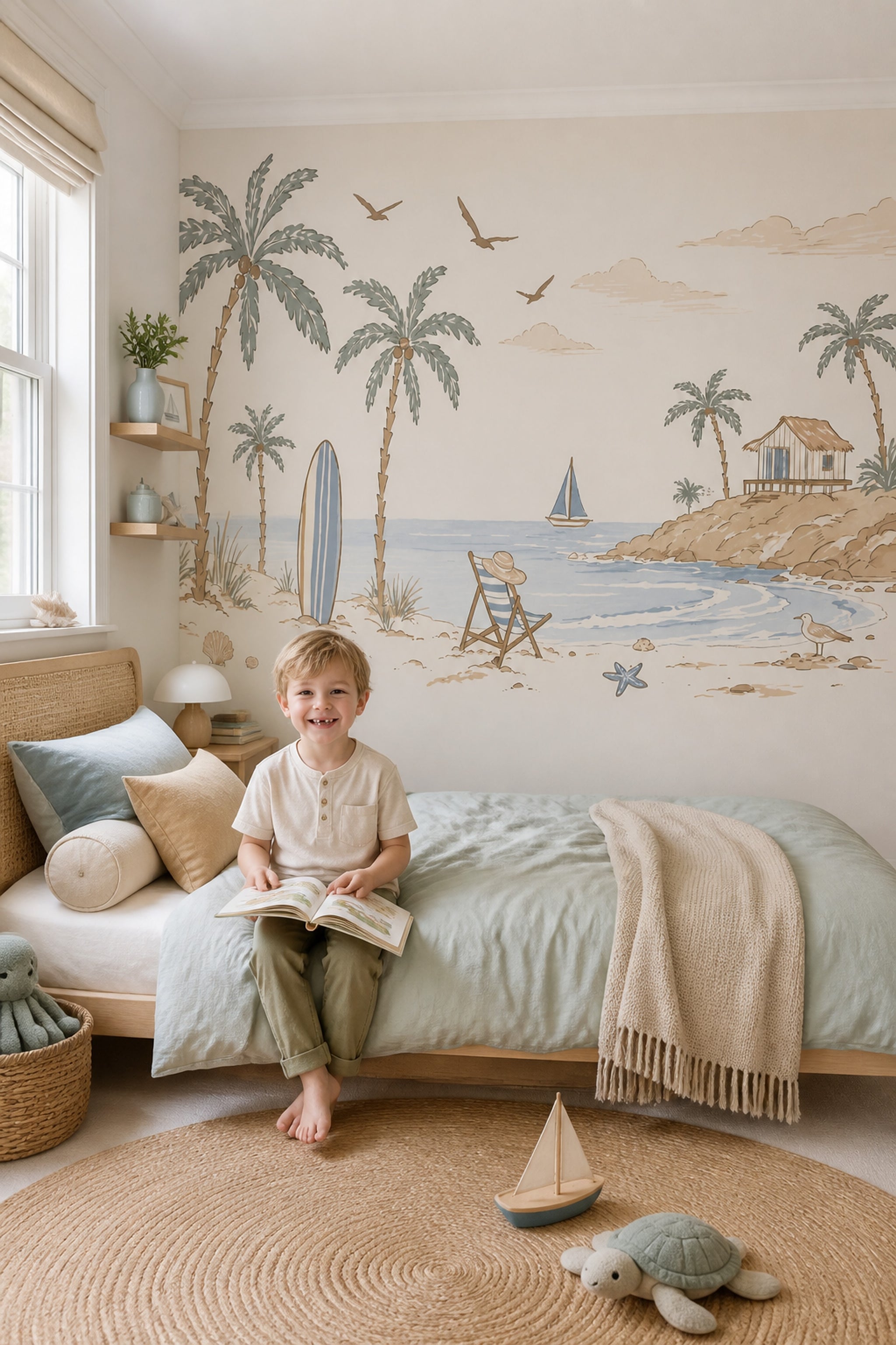Tropical Beach Wallpaper Muted Green Removable Wall Decor