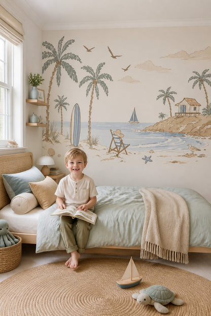 Tropical Beach Wallpaper Muted Green Removable Wall Decor