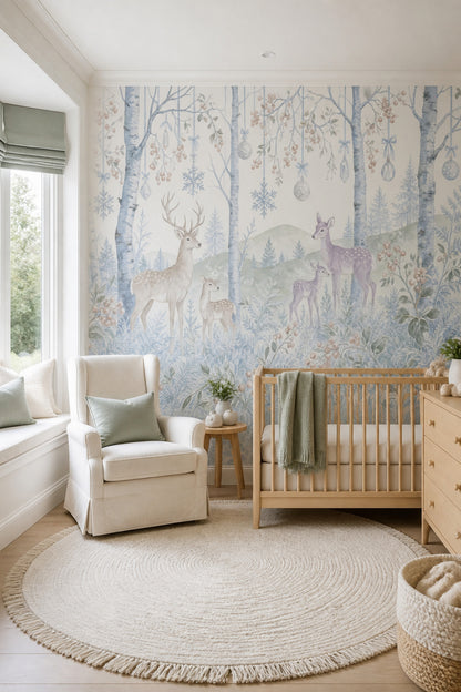 Winter Woodland Wallpaper Deer Removable Birch Trees Wall Decor