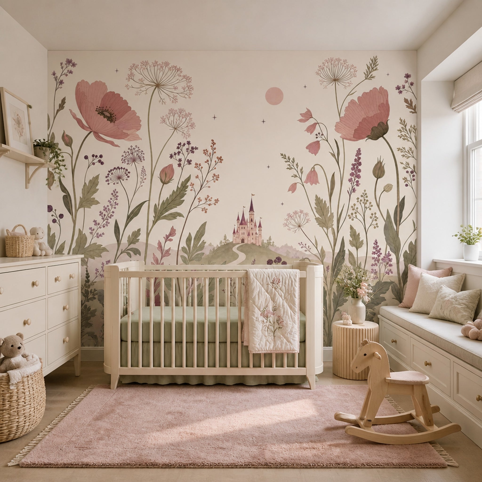 Muted Green Wallpaper Pastel Floral Removable Fairy Tale Wall Decor