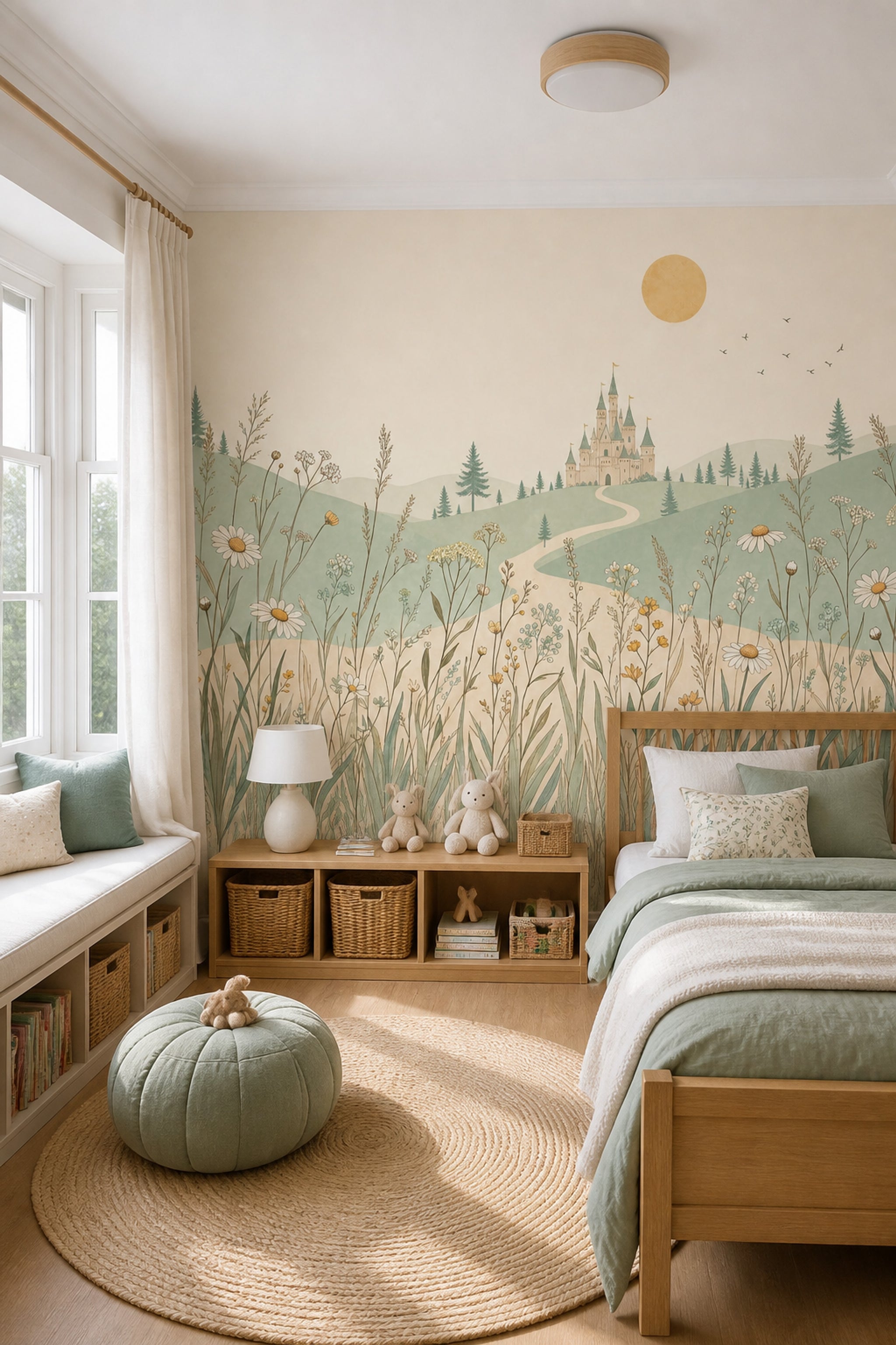 Fairytale Castle Wallpaper Wildflowers Rolling Hills Wall Mural