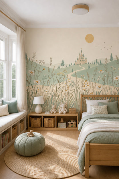 Fairytale Castle Wallpaper Wildflowers Rolling Hills Wall Mural