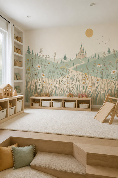 Fairytale Castle Wallpaper Wildflowers Rolling Hills Wall Mural