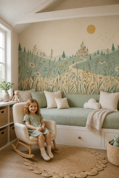 Fairytale Castle Wallpaper Wildflowers Rolling Hills Wall Mural