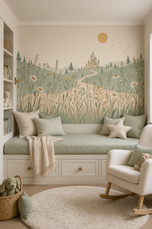 Fairytale Castle Wallpaper Wildflowers Rolling Hills Wall Mural