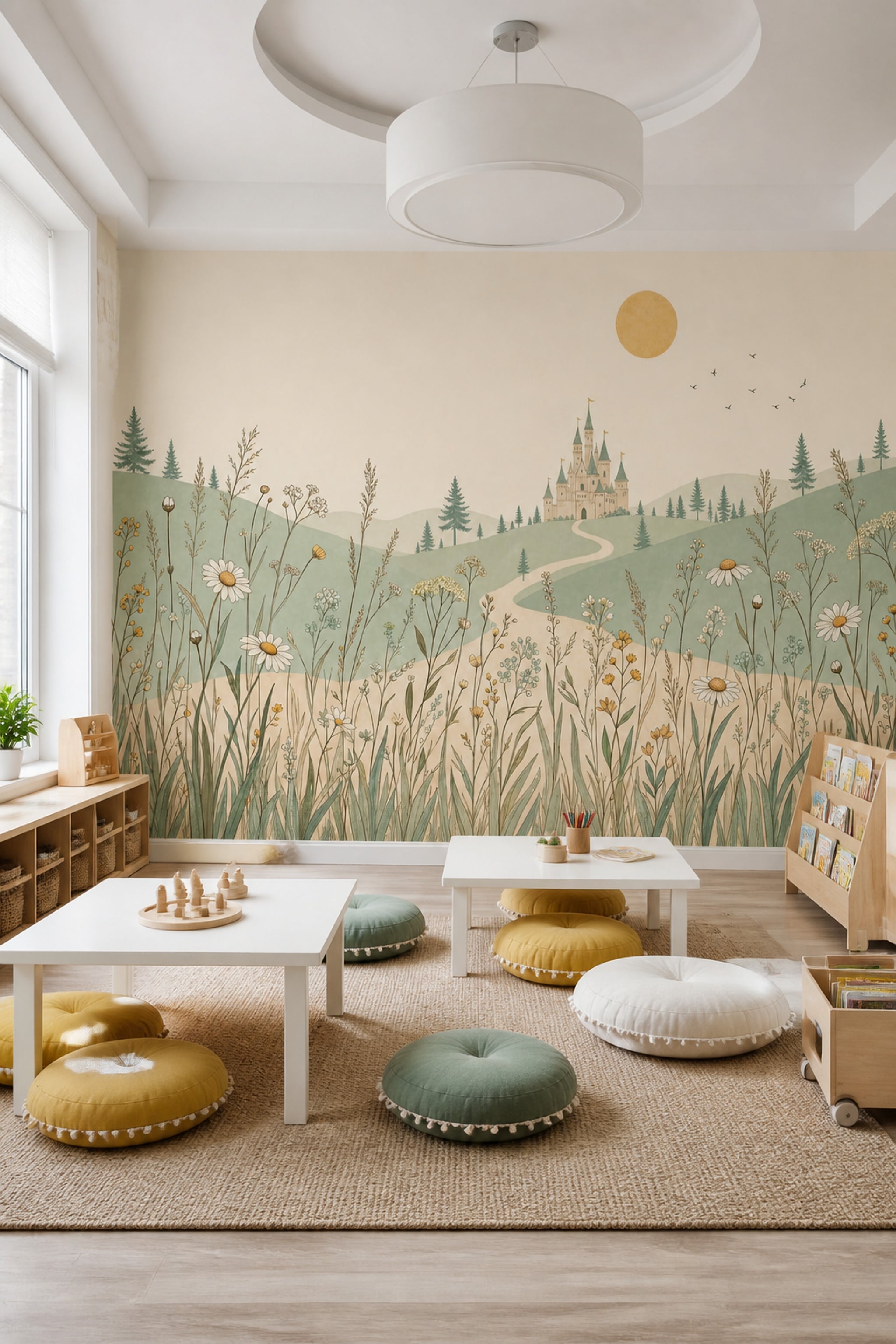 Fairytale Castle Wallpaper Wildflowers Rolling Hills Wall Mural