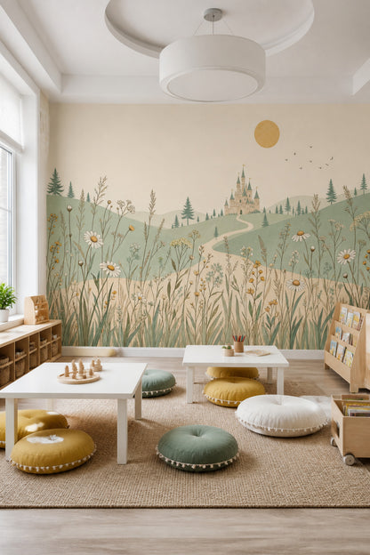 Fairytale Castle Wallpaper Wildflowers Rolling Hills Wall Mural