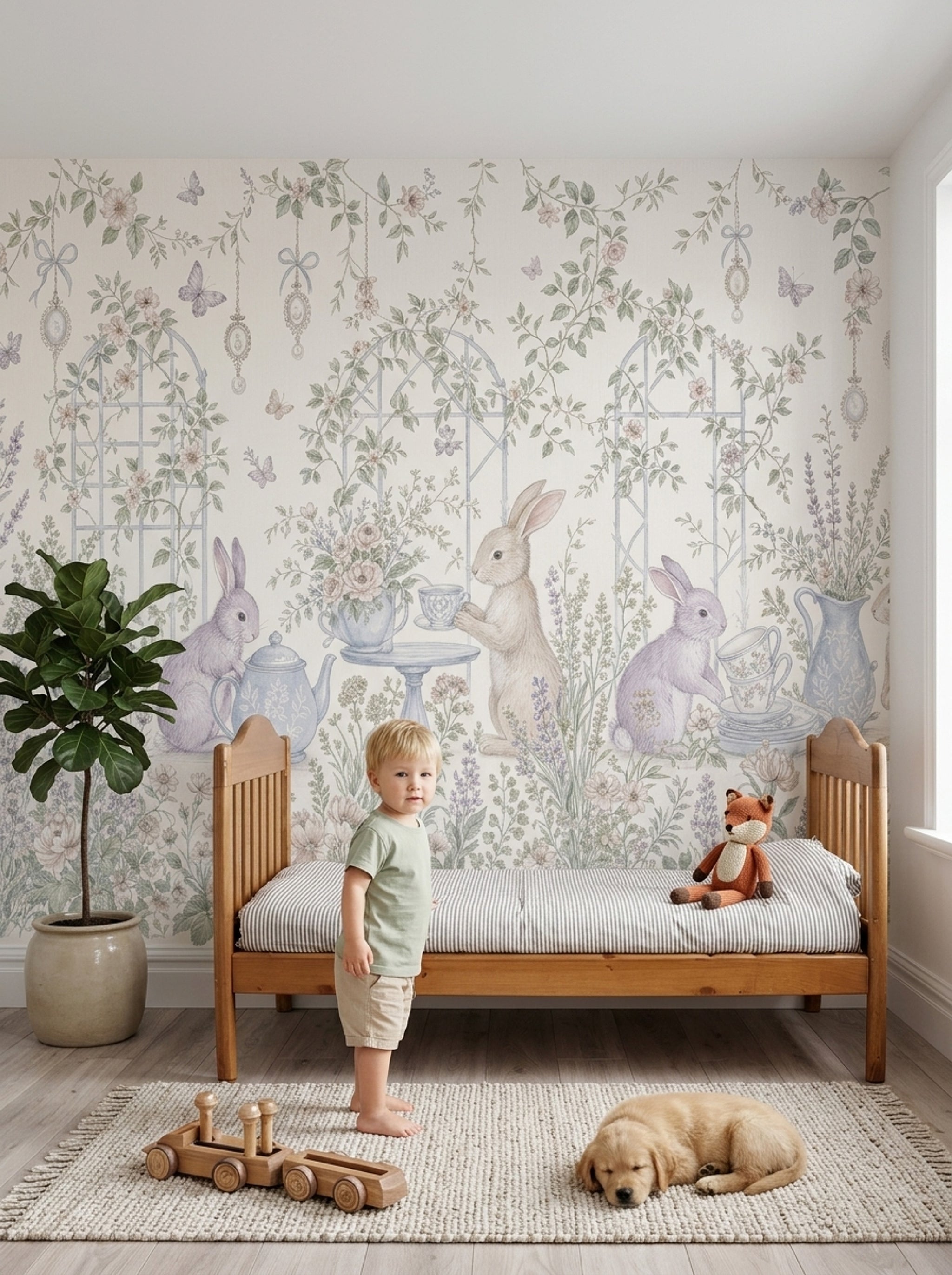 Rabbit Garden Wallpaper Floral Wallpaper Tea Party Removable Wall Decor