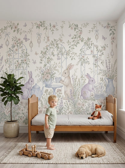 Rabbit Garden Wallpaper Floral Wallpaper Tea Party Removable Wall Decor