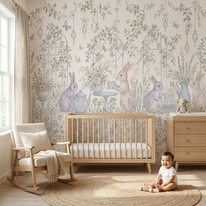 Rabbit Garden Wallpaper Floral Wallpaper Tea Party Removable Wall Decor