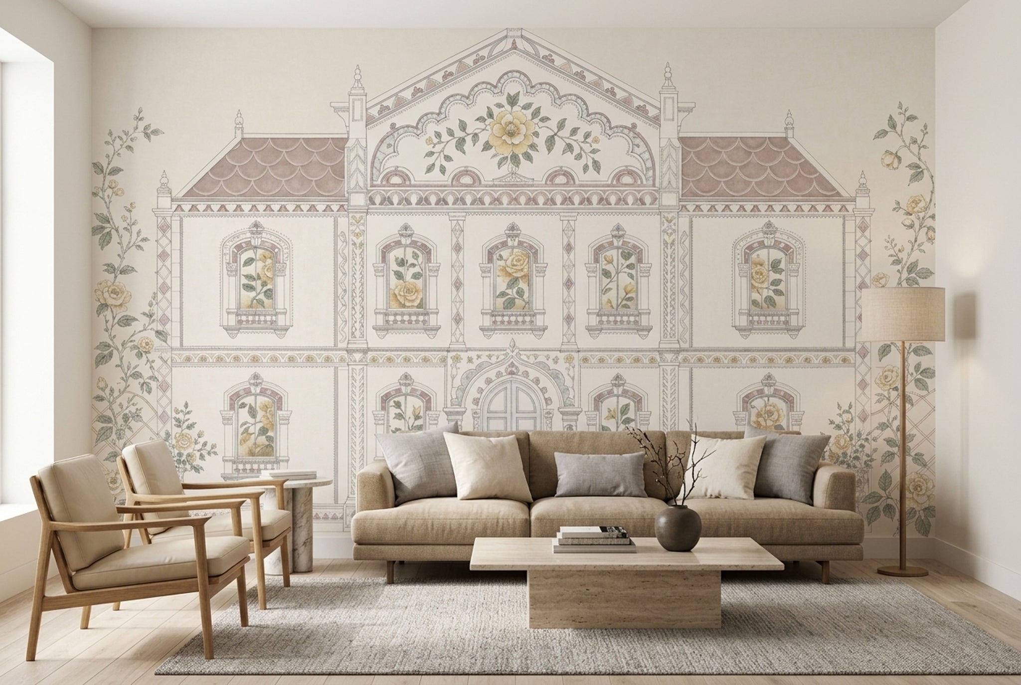Muted Green Wallpaper Botanical Removable Architectural Wall Decor