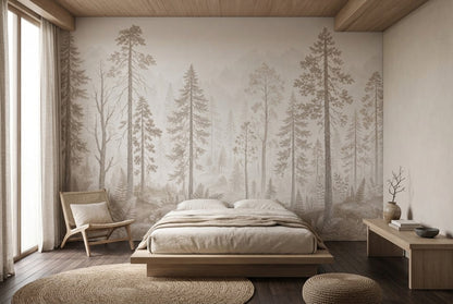 Misty Forest Wallpaper Foggy Woodland Pine Tree Removable Wall Decor