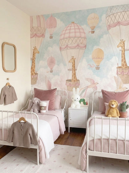 Nursery Wallpaper Hot Air Balloons Removable Giraffes Wall Decor
