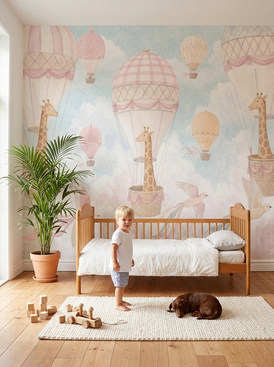 Nursery Wallpaper Hot Air Balloons Removable Giraffes Wall Decor