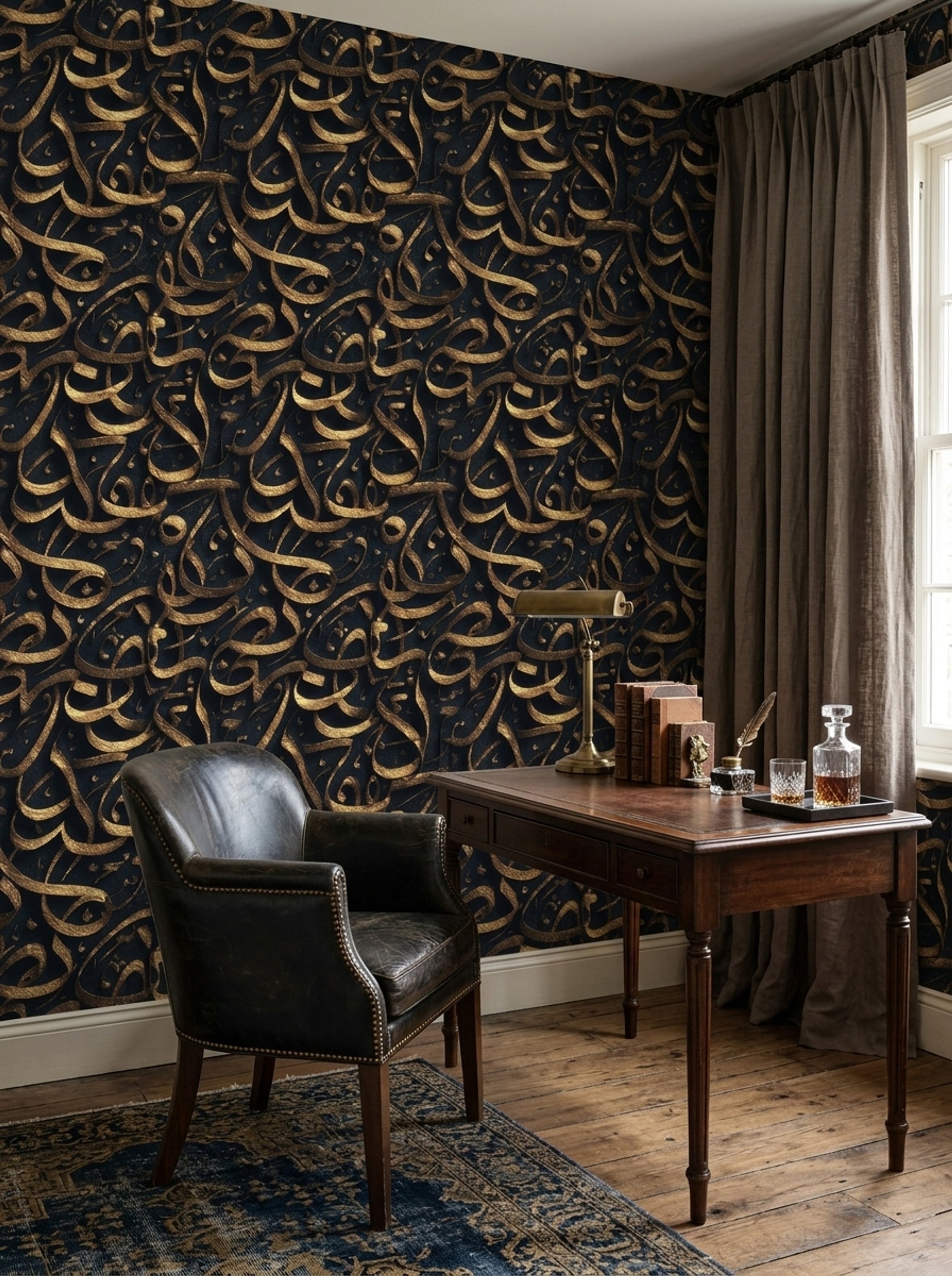 Arabic Calligraphy Wallpaper Gold Metallic Black Background Decorative Mural