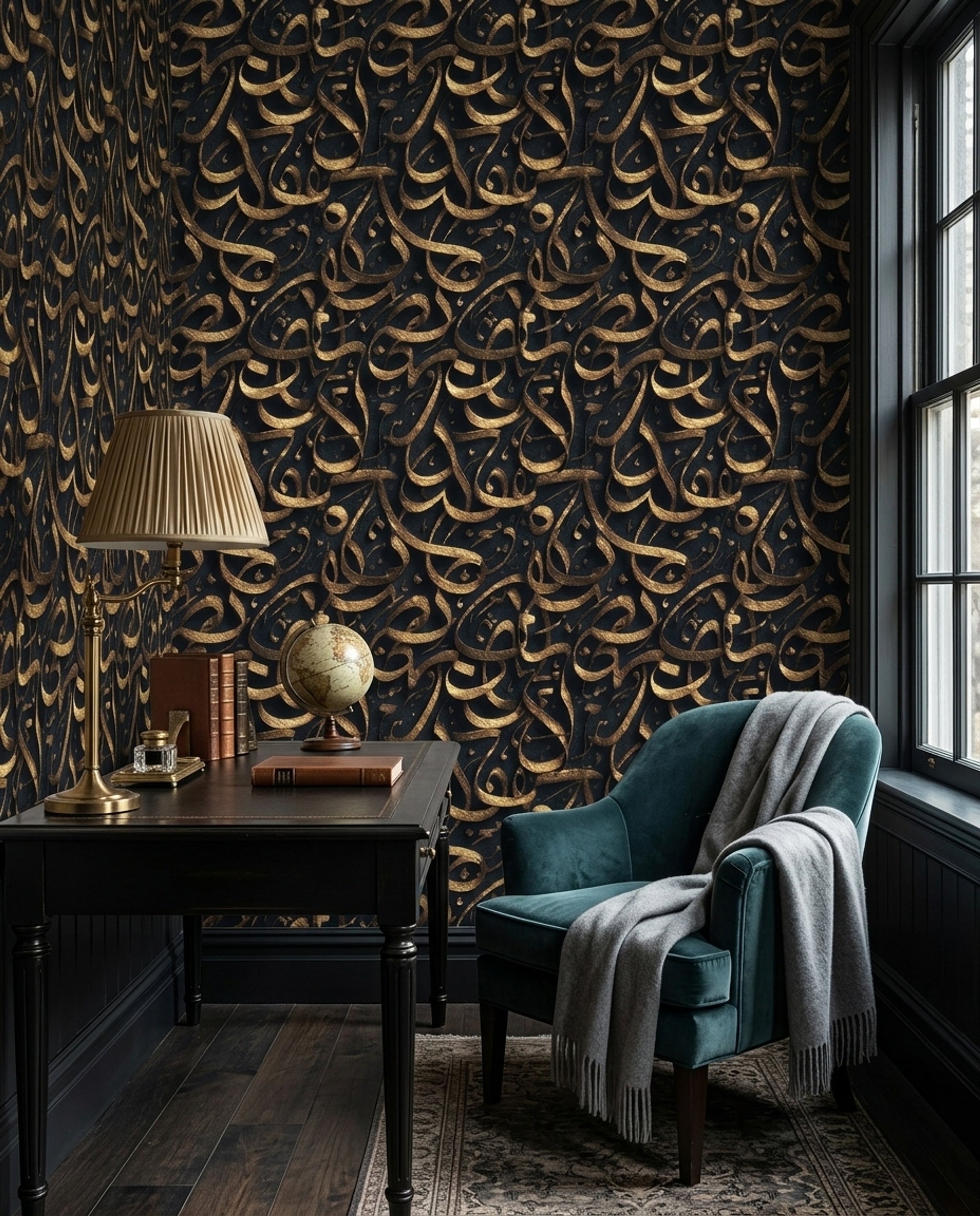 Arabic Calligraphy Wallpaper Gold Metallic Black Background Decorative Mural