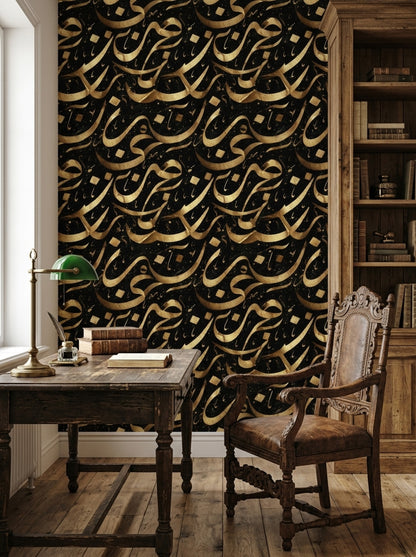 Arabic Calligraphy Wallpaper Black And Gold Removable Luxury Wall Double Roll