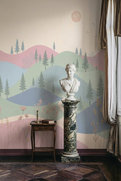 Pastel Landscape Wallpaper Rolling Hills Pine Trees Wall Mural