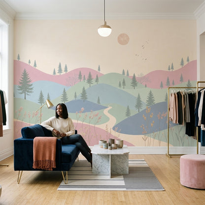Pastel Landscape Wallpaper Rolling Hills Pine Trees Wall Mural