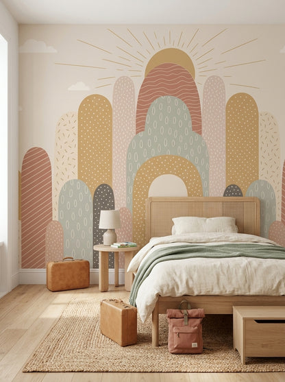 Abstract Arches Wallpaper Sunburst Cream Background Wall Mural
