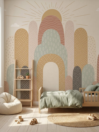 Abstract Arches Wallpaper Sunburst Cream Background Wall Mural