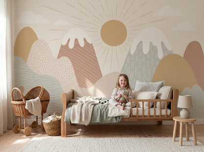 Abstract Landscape Wallpaper Mountains Sunburst Removable Wall Decor
