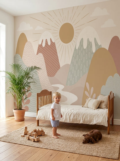 Abstract Landscape Wallpaper Mountains Sunburst Removable Wall Decor