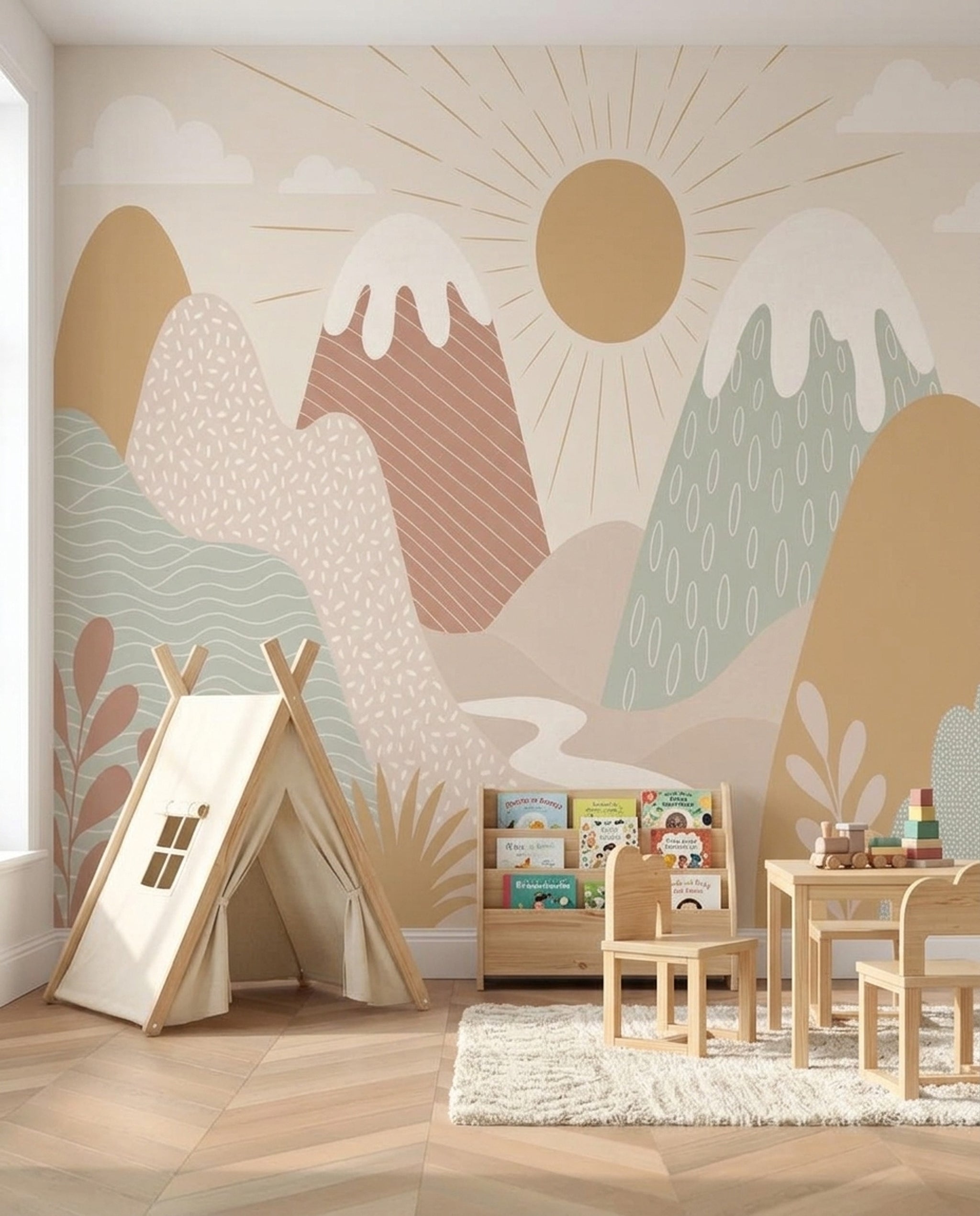 Abstract Landscape Wallpaper Mountains Sunburst Removable Wall Decor
