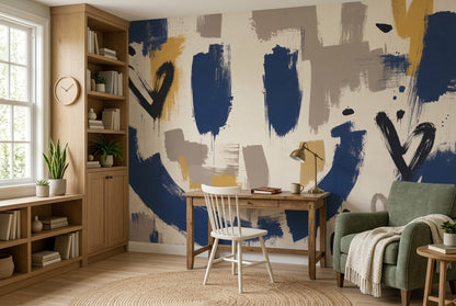 Abstract Wallpaper Navy Brushstrokes Paint Splatter Wall Mural