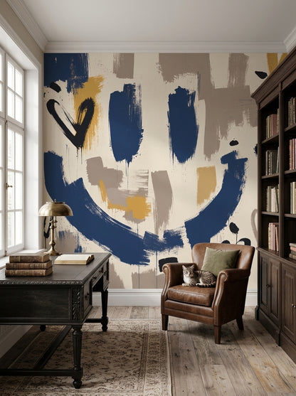 Abstract Wallpaper Navy Brushstrokes Paint Splatter Wall Mural