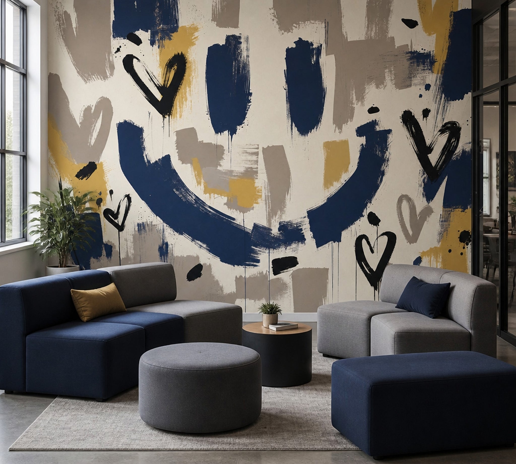 Abstract Wallpaper Navy Brushstrokes Paint Splatter Wall Mural