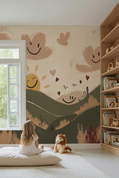 Whimsical Landscape Wallpaper Rolling Hills Smiling Sun Removable Wall Decor