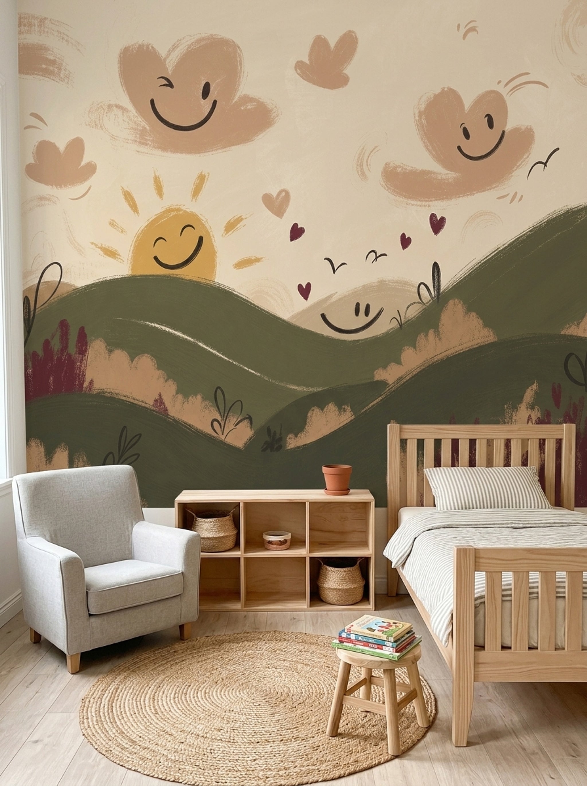 Whimsical Landscape Wallpaper Rolling Hills Smiling Sun Removable Wall Decor