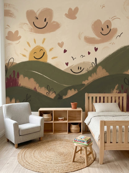 Whimsical Landscape Wallpaper Rolling Hills Smiling Sun Removable Wall Decor