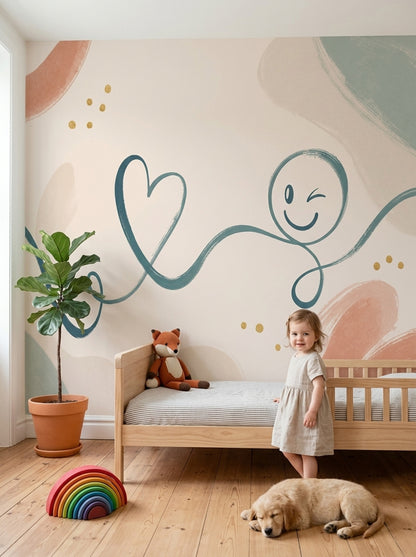 Teal Doodle Wallpaper Heart Smiley Face Wall Mural