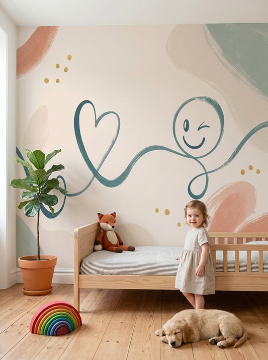 Teal Doodle Wallpaper Heart Smiley Face Wall Mural
