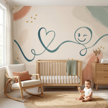 Teal Doodle Wallpaper Heart Smiley Face Wall Mural