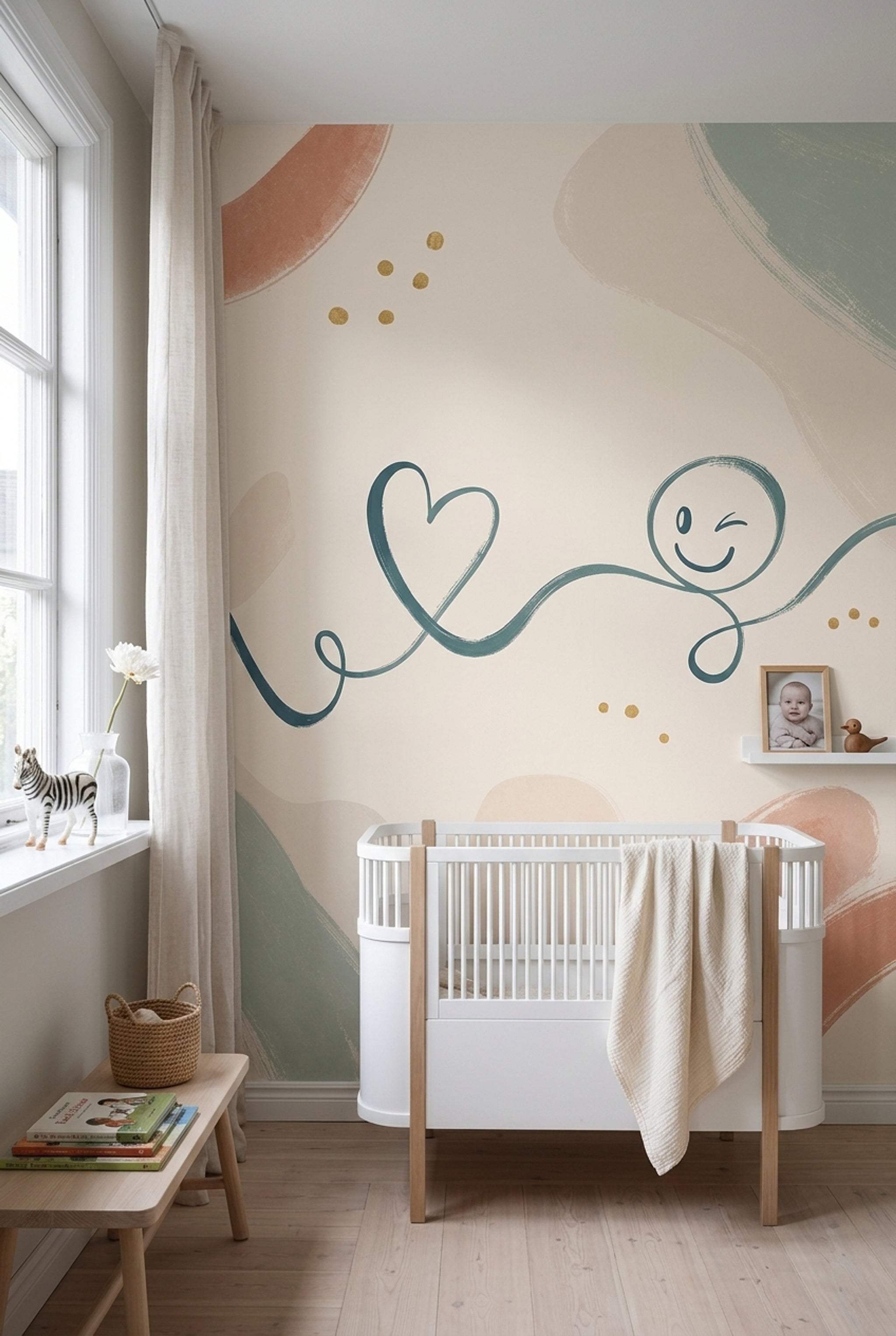 Teal Doodle Wallpaper Heart Smiley Face Wall Mural