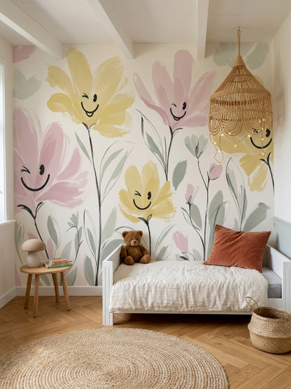 Smiling Flowers Wallpaper Pastel Removable Botanical Wall Decor