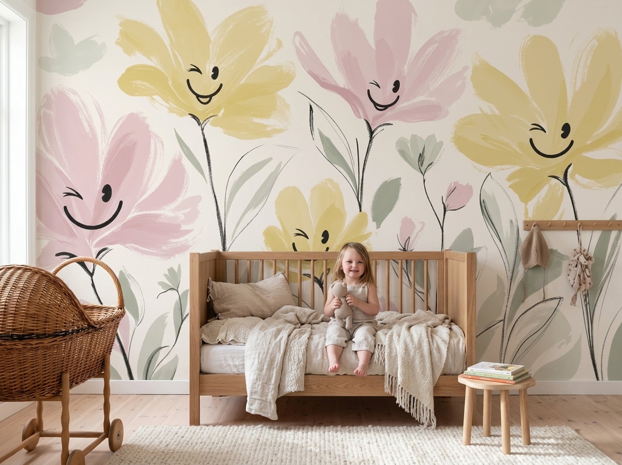 Smiling Flowers Wallpaper Pastel Removable Botanical Wall Decor