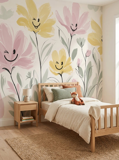 Smiling Flowers Wallpaper Pastel Removable Botanical Wall Decor