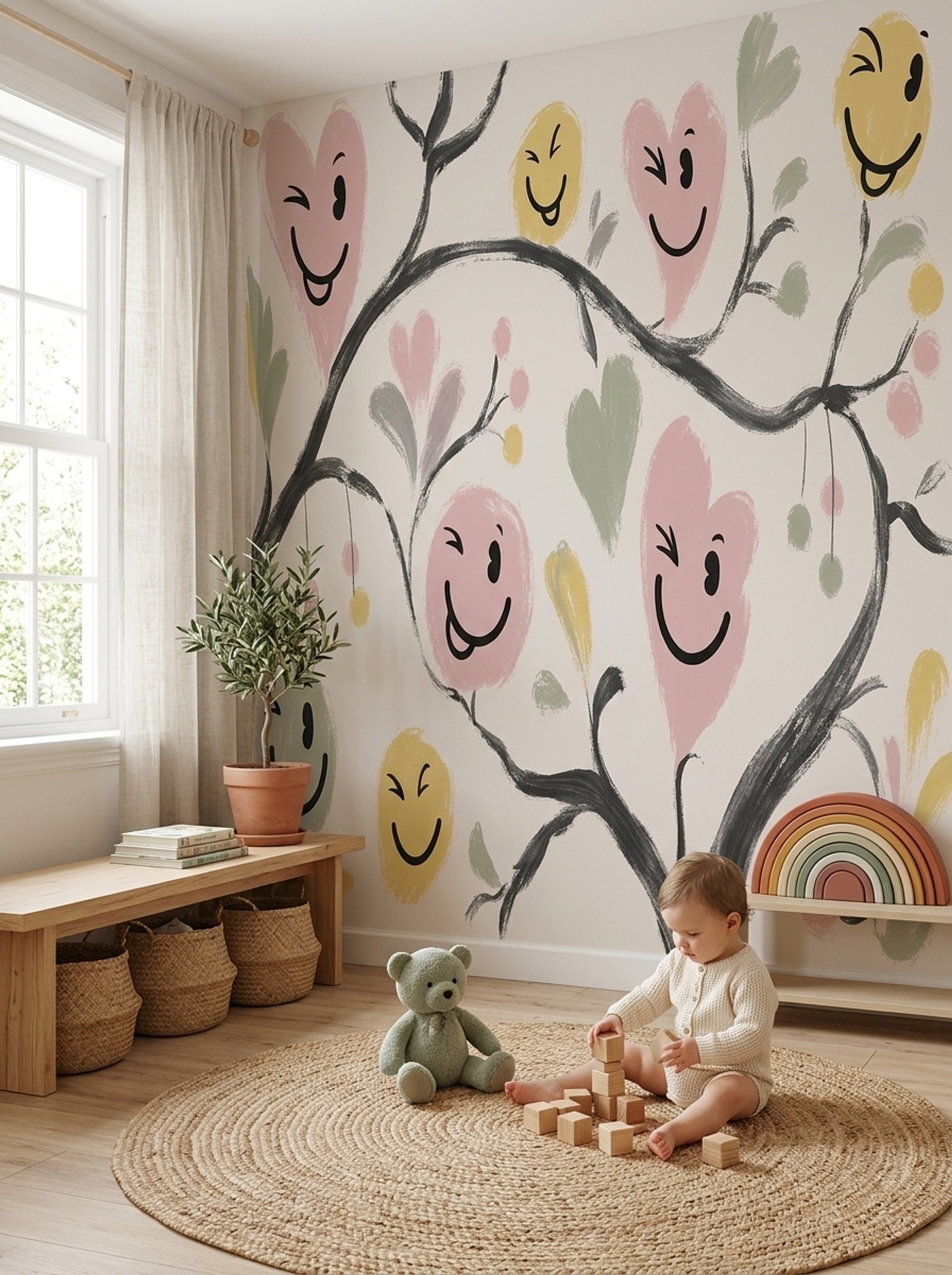 Whimsical Floral Wallpaper Smiley Faces Heart Flowers Wall Mural