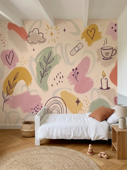Abstract Doodles Wallpaper Hand Drawn Cream Background Wall Mural