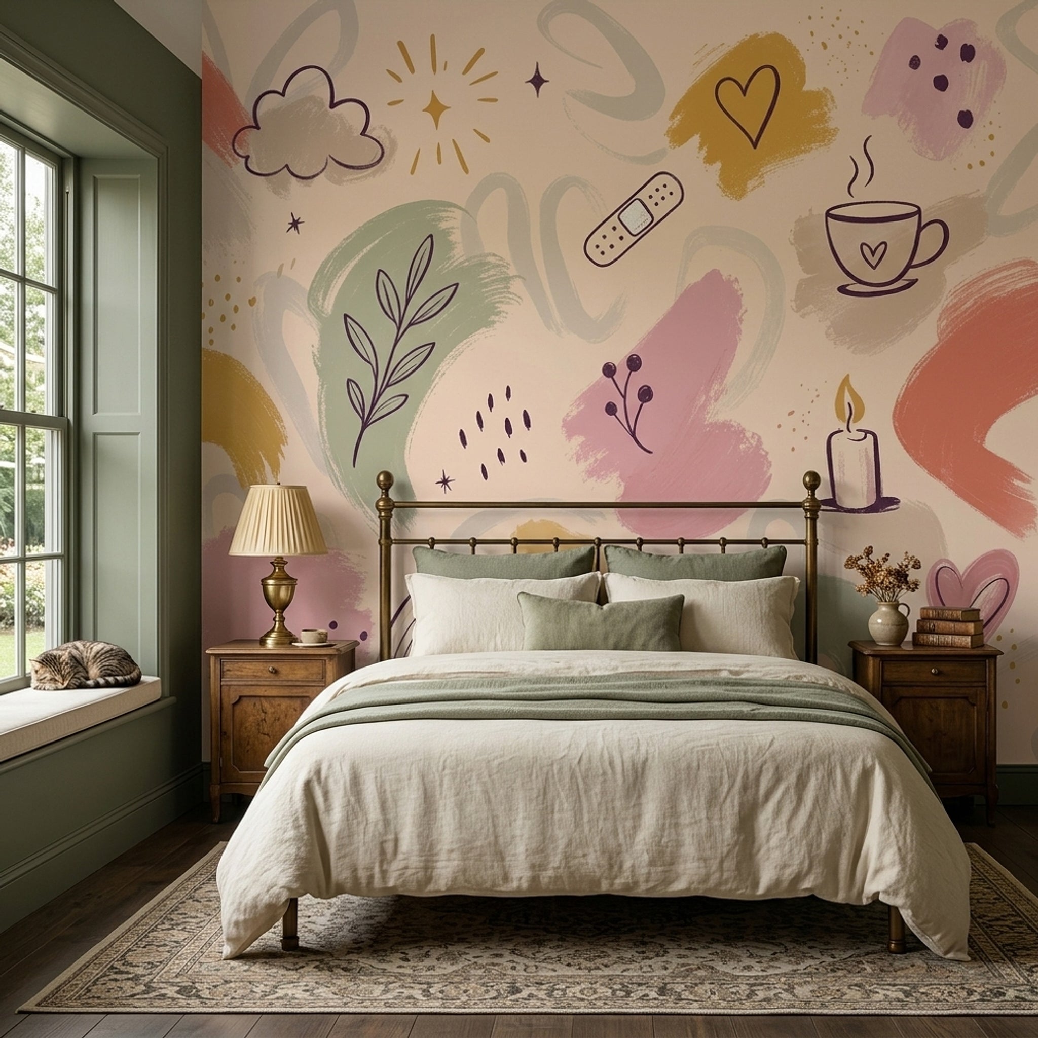 Abstract Doodles Wallpaper Hand Drawn Cream Background Wall Mural