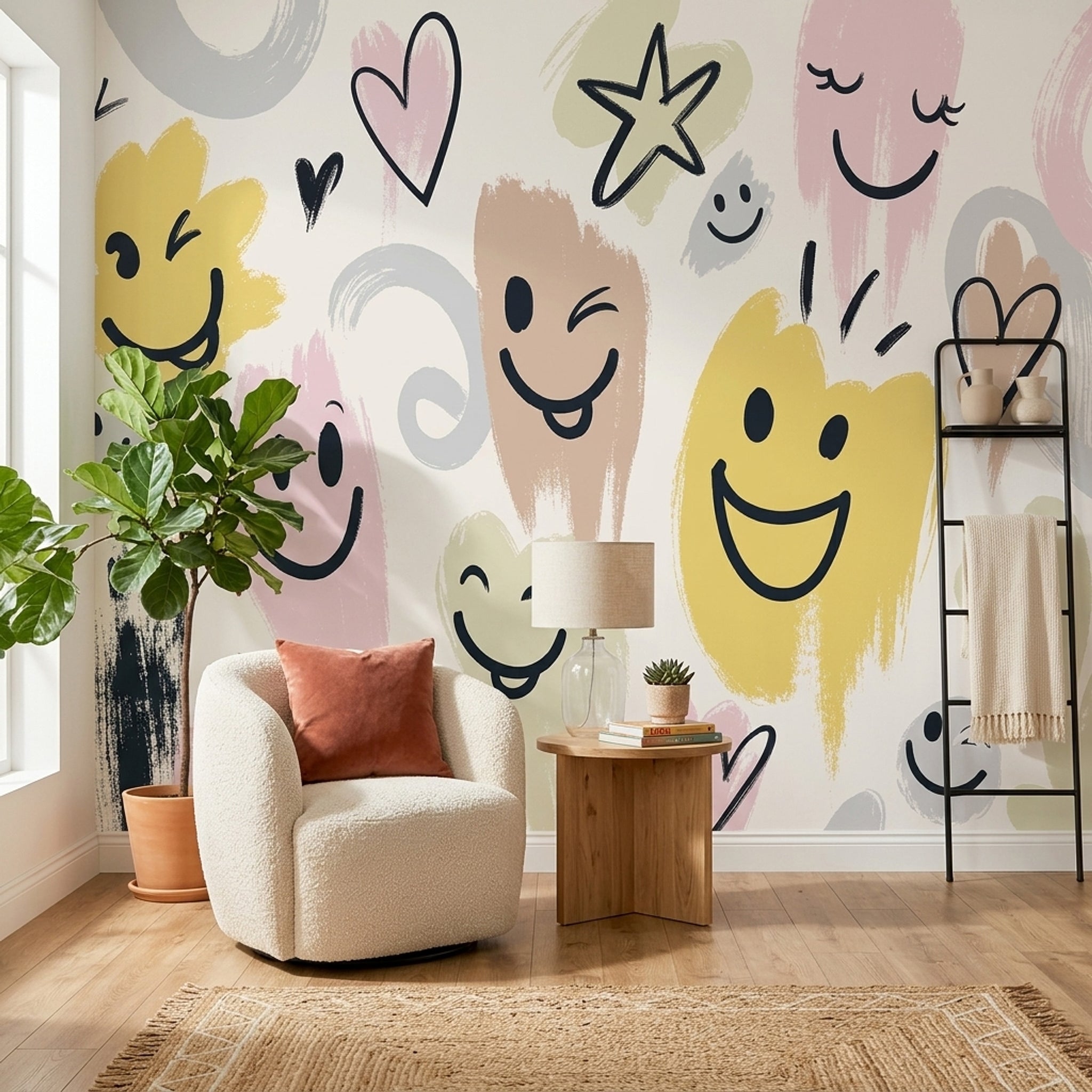 Smiley Faces Wallpaper Hearts Doodle Removable Wall Decor