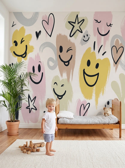 Smiley Faces Wallpaper Hearts Doodle Removable Wall Decor