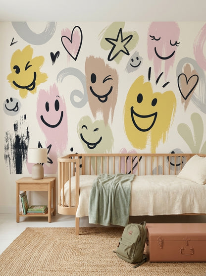 Smiley Faces Wallpaper Hearts Doodle Removable Wall Decor