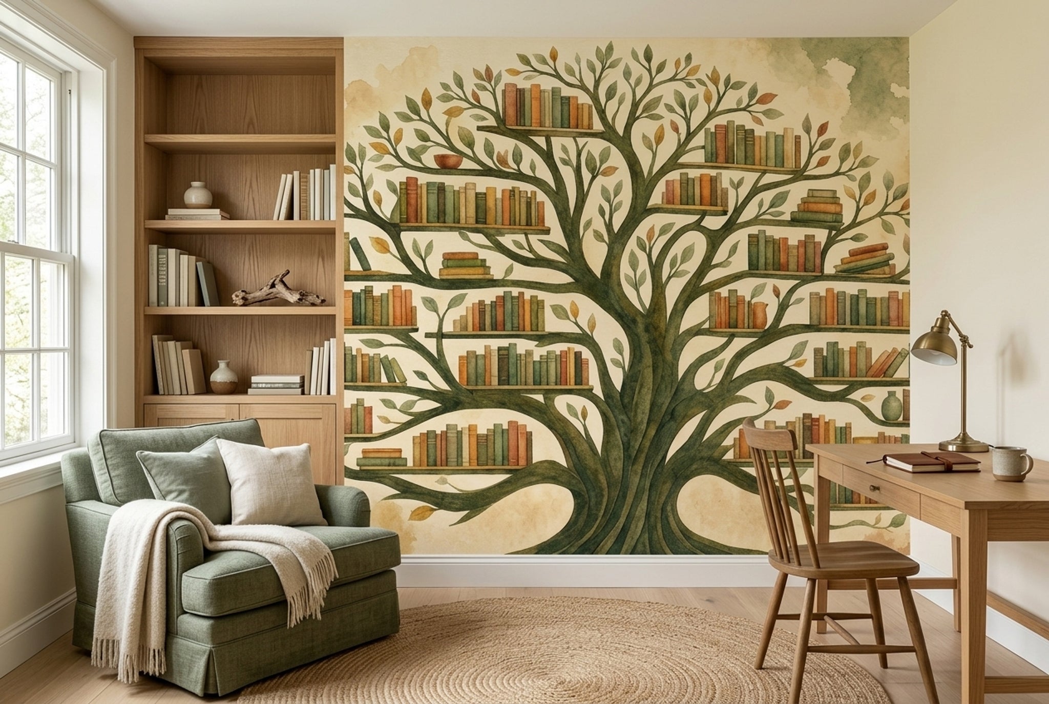 Watercolor Tree Wallpaper Bookshelf Library Wall Mural