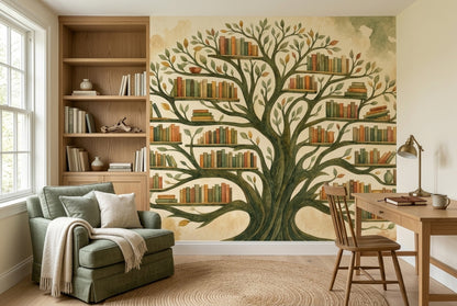 Watercolor Tree Wallpaper Bookshelf Library Wall Mural